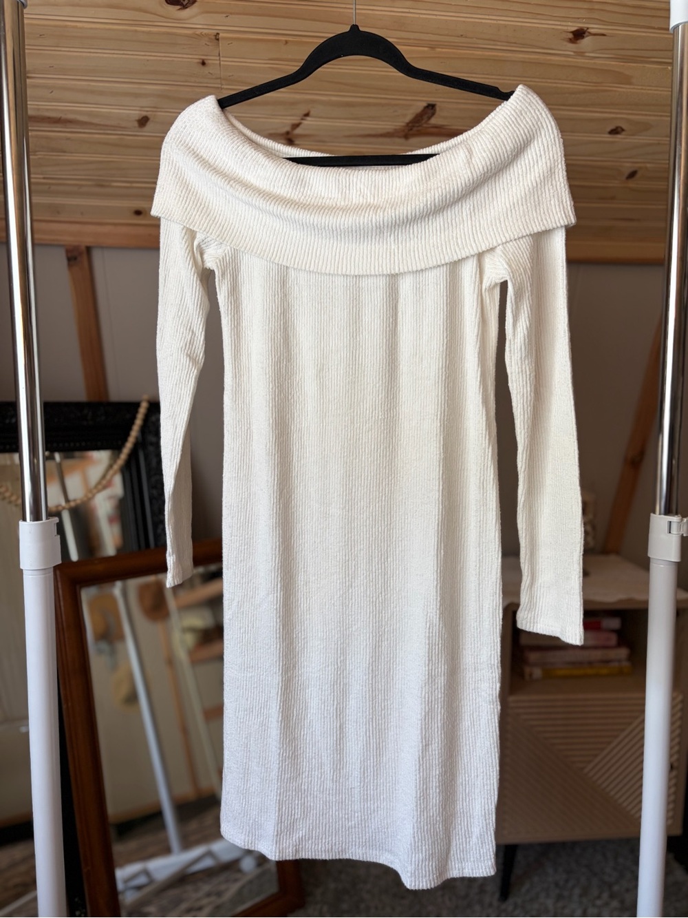 Off-Shoulder Ribbed Knit Dress in Cream